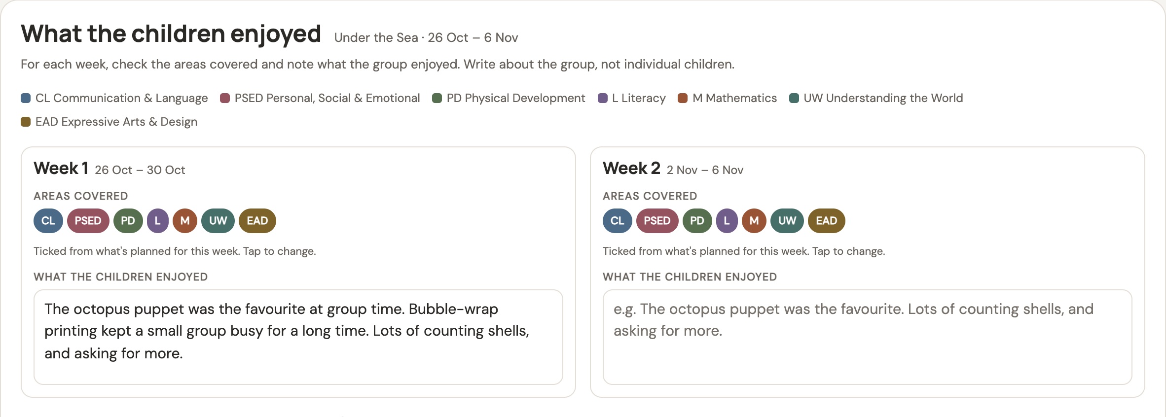 The 'What the children enjoyed' sheet: for week 1 and week 2, coloured chips for the areas of learning covered, and a note about what the group enjoyed.